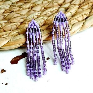 Beaded Fringe Stud Earrings, Seed Bead Jewelry, Purple Dangle Studs, 2"
